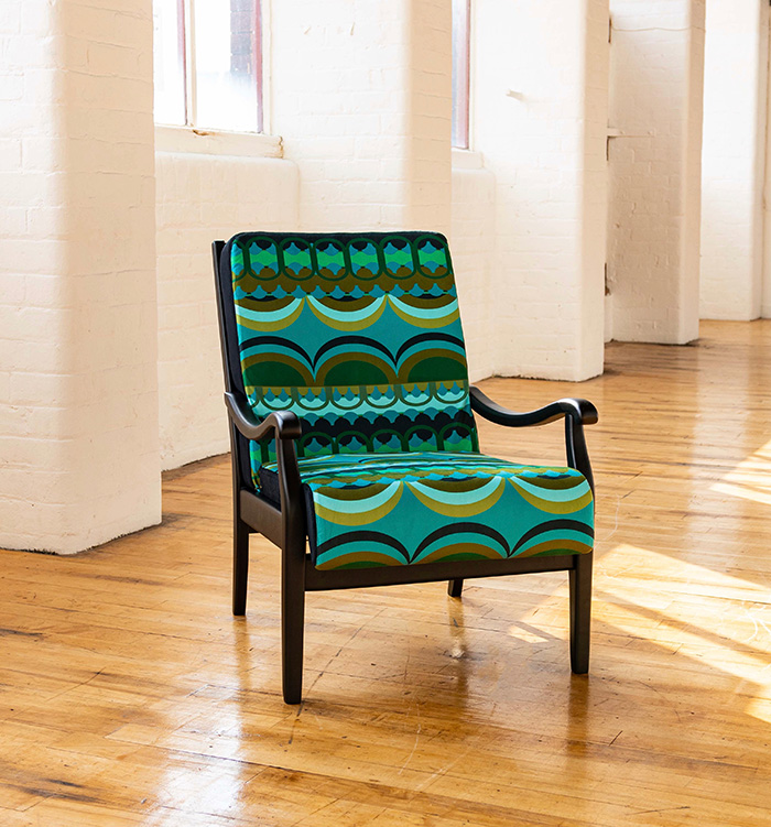 Vintage chair reupholstered in Disc 'O' velvet © Simion Hawtin-Smith